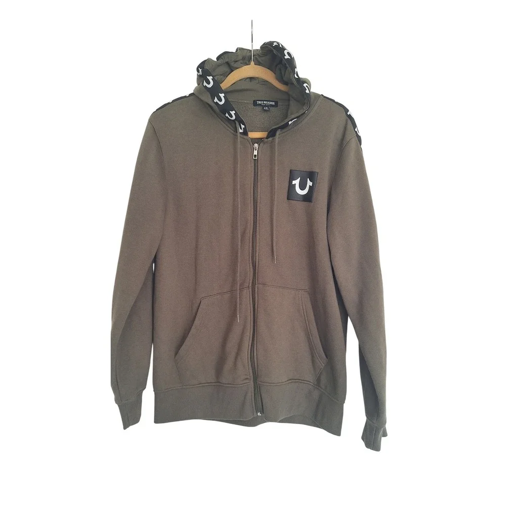 True Religion Men's Green Zip-Front Hoodie Size L/G